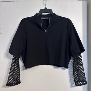 Disturbia Black Crop Top with Mesh Sleeves